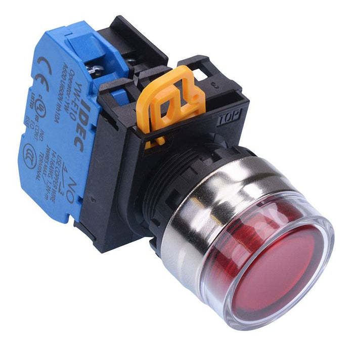 YW4L-AF2E10Q3R Red 12V illuminated 22mm Metal Bezel Maintained Shrouded Push Button Switch NO IP65 IDEC