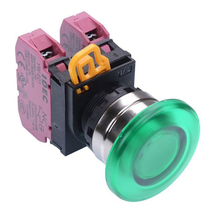 YW4L-A4E02Q0G Green 22mm Metal Bezel Mushroom Maintained Push Button Switch 2NC IP65 IDEC