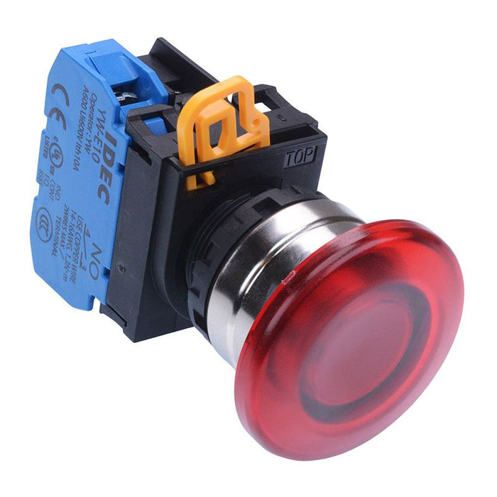 YW4L-M4E10Q3R Red 12V illuminated 22mm Metal Bezel Mushroom Momentary Push Button Switch NO IP65 IDEC