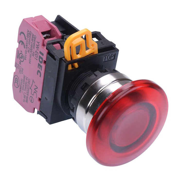 YW4L-A4E01Q3R Red 12V illuminated 22mm Metal Bezel Mushroom Maintained Push Button Switch NC IP65 IDEC