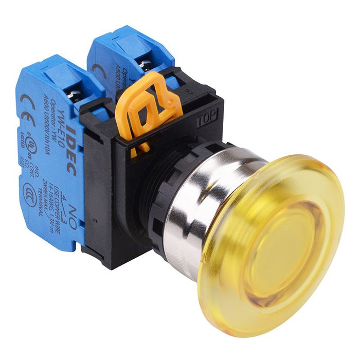 YW4L-A4E20Q0Y Yellow 22mm Metal Bezel Mushroom Maintained Push Button Switch 2NO IP65 IDEC