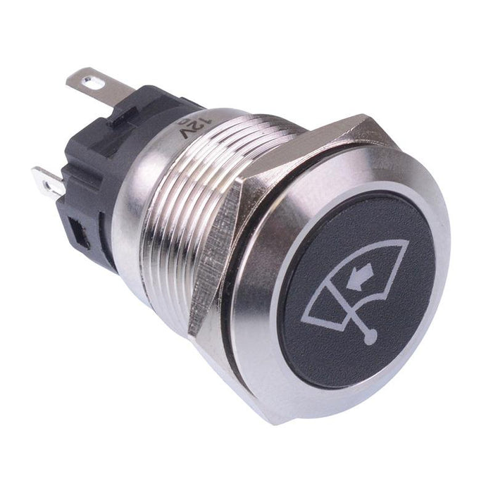 Windscreen Wiper Left' White LED Momentary 19mm Vandal Push Button Switch SPDT 12V