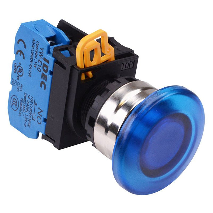 YW4L-M4E10Q3S Blue 12V illuminated 22mm Metal Bezel Mushroom Momentary Push Button Switch NO IP65 IDEC