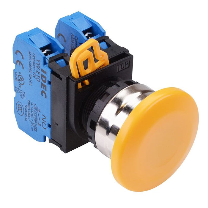 YW4B-A4E20Y Yellow 22mm Metal Bezel Mushroom Maintained Push Button Switch 2NO IP65 IDEC