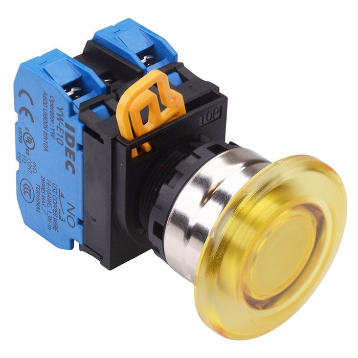 YW4L-M4E20Q4Y Yellow 24V illuminated 22mm Metal Bezel Mushroom Momentary Push Button Switch 2NO IP65 IDEC