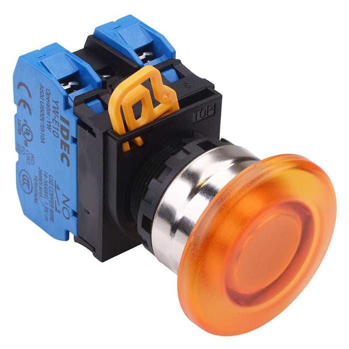 YW4L-M4E20Q4A Amber 24V illuminated 22mm Metal Bezel Mushroom Momentary Push Button Switch 2NO IP65 IDEC