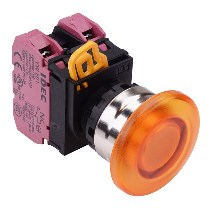 YW4L-M4E02Q4A Amber 24V illuminated 22mm Metal Bezel Mushroom Momentary Push Button Switch 2NC IP65 IDEC