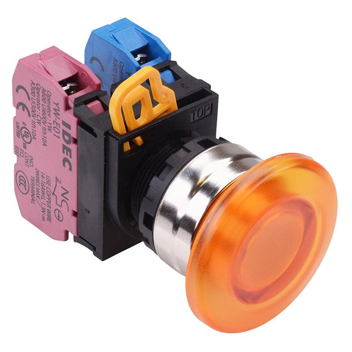 YW4L-M4E11Q0A Amber 22mm Metal Bezel Mushroom Momentary Push Button Switch 1NO-1NC IP65 IDEC