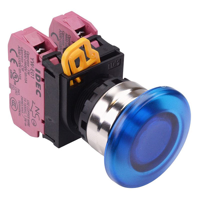 YW4L-A4E02Q0S Blue 22mm Metal Bezel Mushroom Maintained Push Button Switch 2NC IP65 IDEC