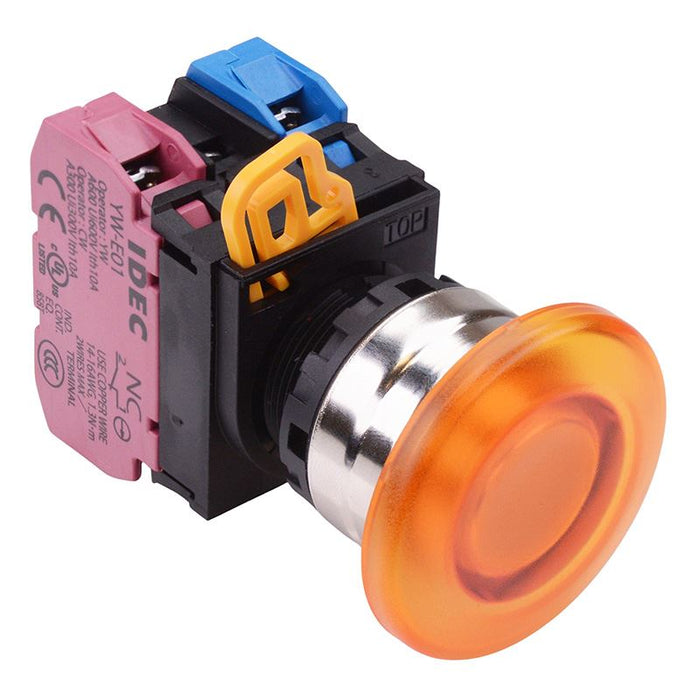 YW4L-A4E11Q4A Amber 24V illuminated 22mm Metal Bezel Mushroom Maintained Push Button Switch 1NO-1NC IP65 IDEC